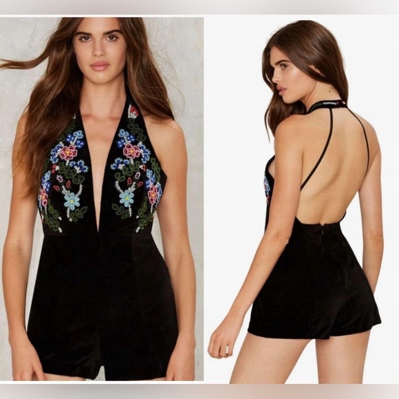 Glamorous Pants - GLAMOROUS VELVET PLUNGE HALTER ROMPER, BEADED EMBELLISHMENT. GORGEOUS SZ.L